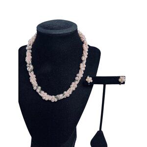 Twisted Triple Strand Faux Pink Pearl Necklace With Clip On Earrings (6189)